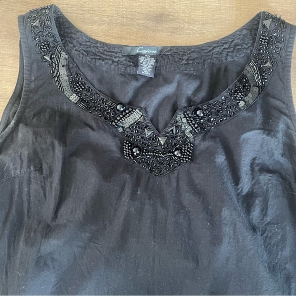 Cejon Black Cotton Beaded Neckline Sleeveless Dress Women M/L Minimalist Goth - Picture 6 of 9